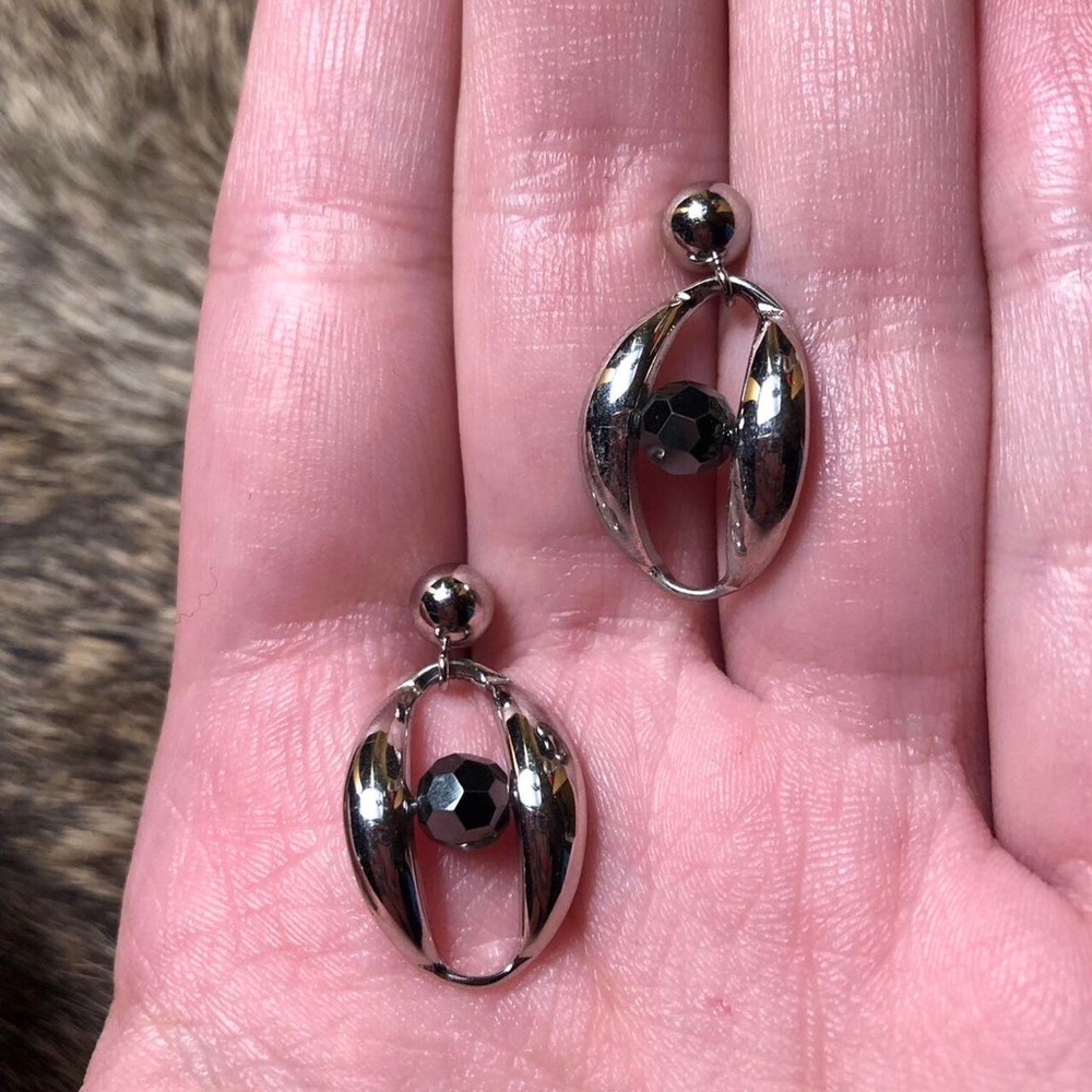 Modernist sterling W E Richards silver oval hematite earrings